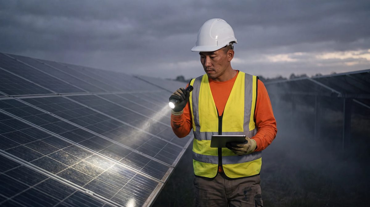 Technician walking dawn rows with torch checking module glass