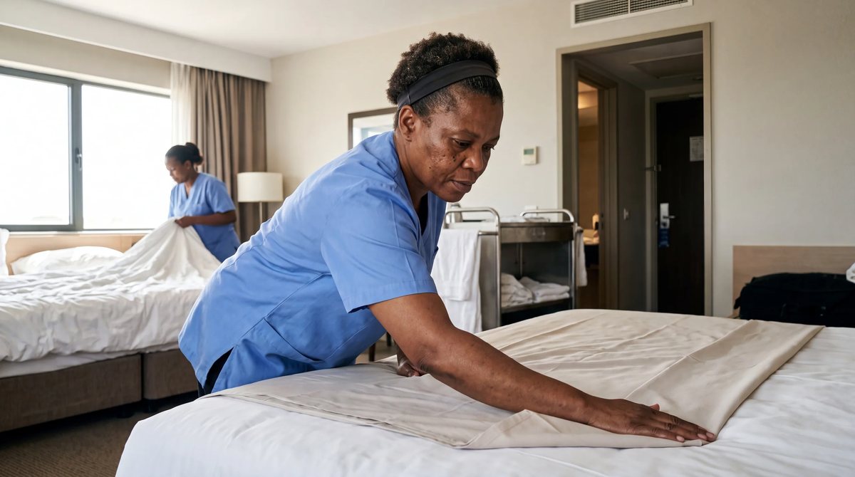 Housekeeper mitring sheet corner on king bed, colleague stripping second bed