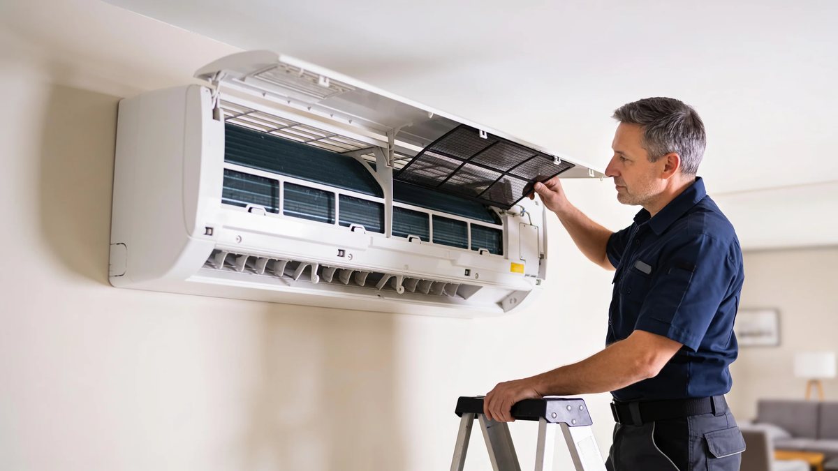 HVAC technician checking split-system filter from stepladder