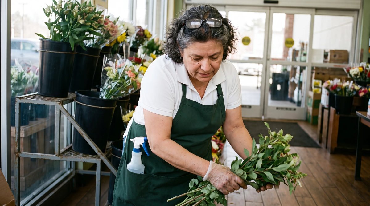 Worker squaring flower buckets display by store entry