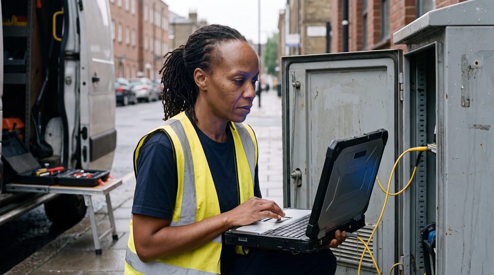 Tech running diagnostics on rugged laptop at van's fold-down bench