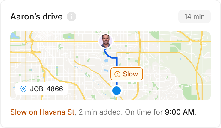 Tempo’s map card for Aaron’s drive to JOB-4866 in Aurora: 14 minutes, with slow traffic on Havana St adding 2 minutes, still on time for the 9:00 AM start
