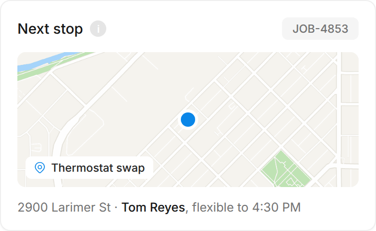 Tempo’s context card for “Road closure on Speer Blvd: Aaron Feldman’s route”: Next stop on a map: JOB-4853 thermostat swap at 2900 Larimer St, Tom Reyes, flexible to 4:30 PM